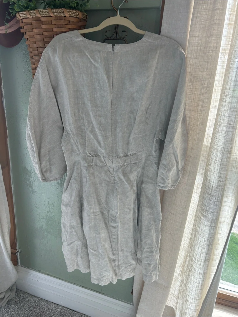 Madewell Khaki Linen Midi dress with V-Notch Neck - Picture 2 of 5